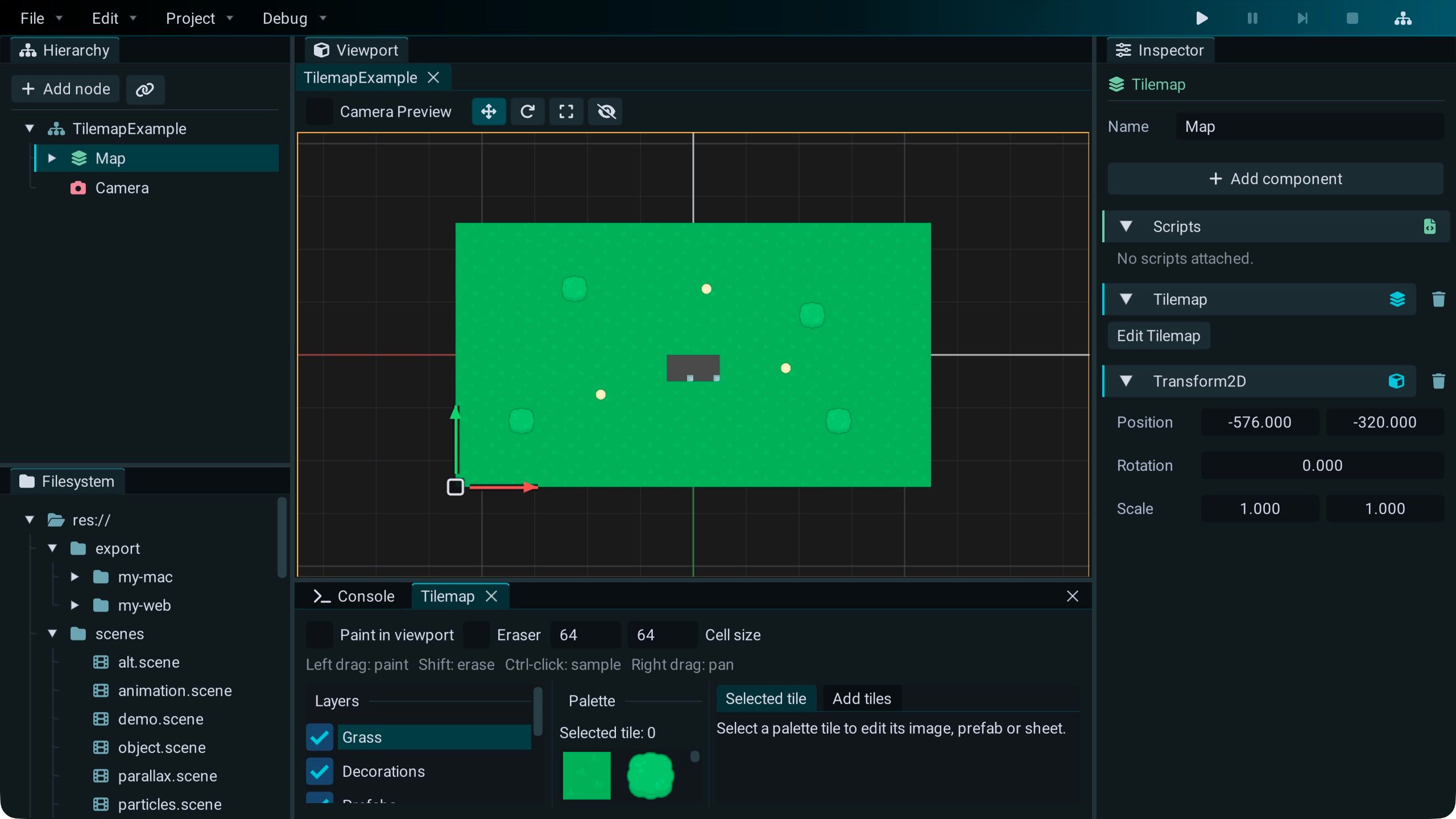 Current Sowa tilemap editor showing a layered level and tile palette