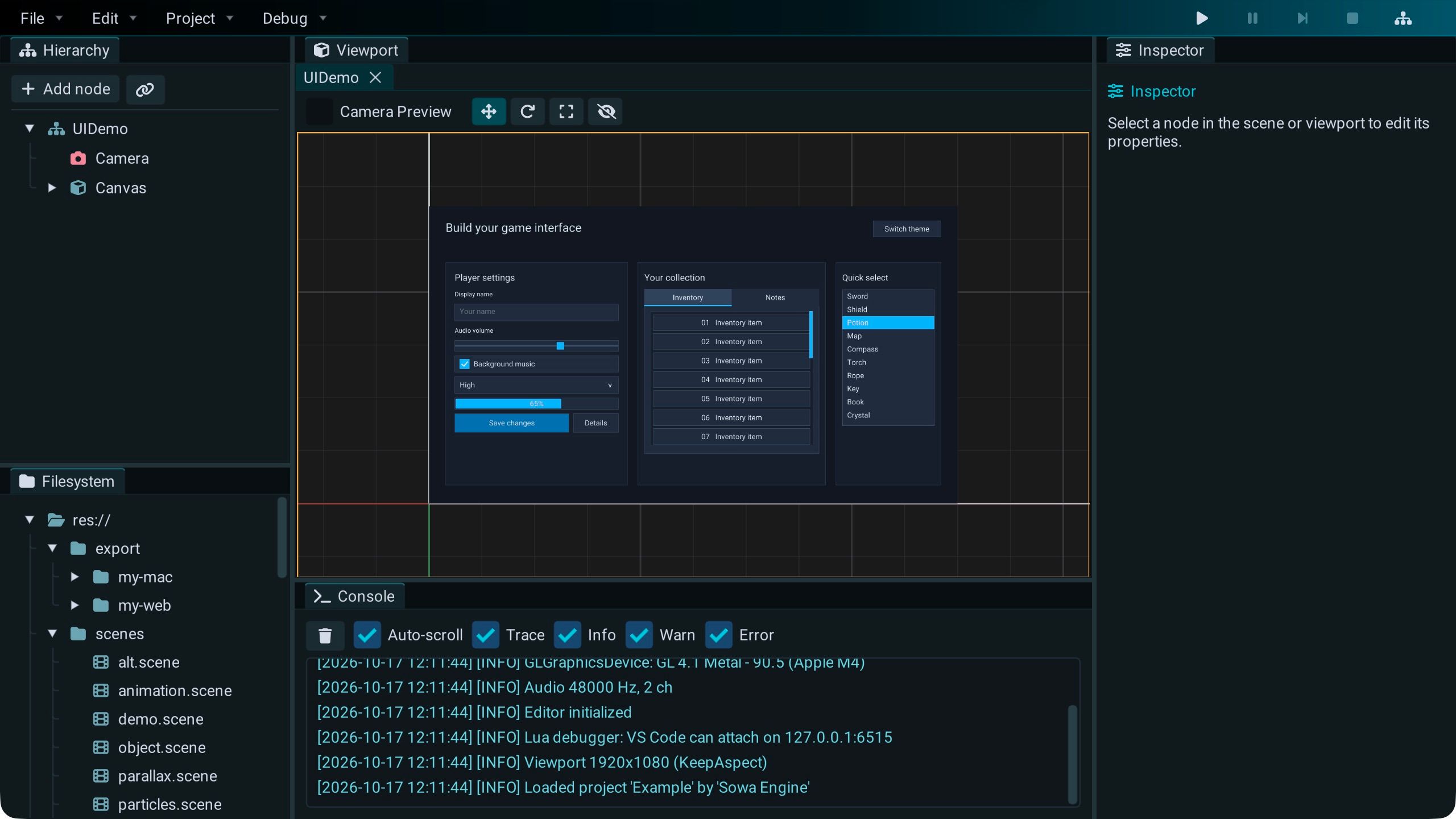 Current Sowa editor showing the UI demo with text fields, sliders, tabs, and lists
